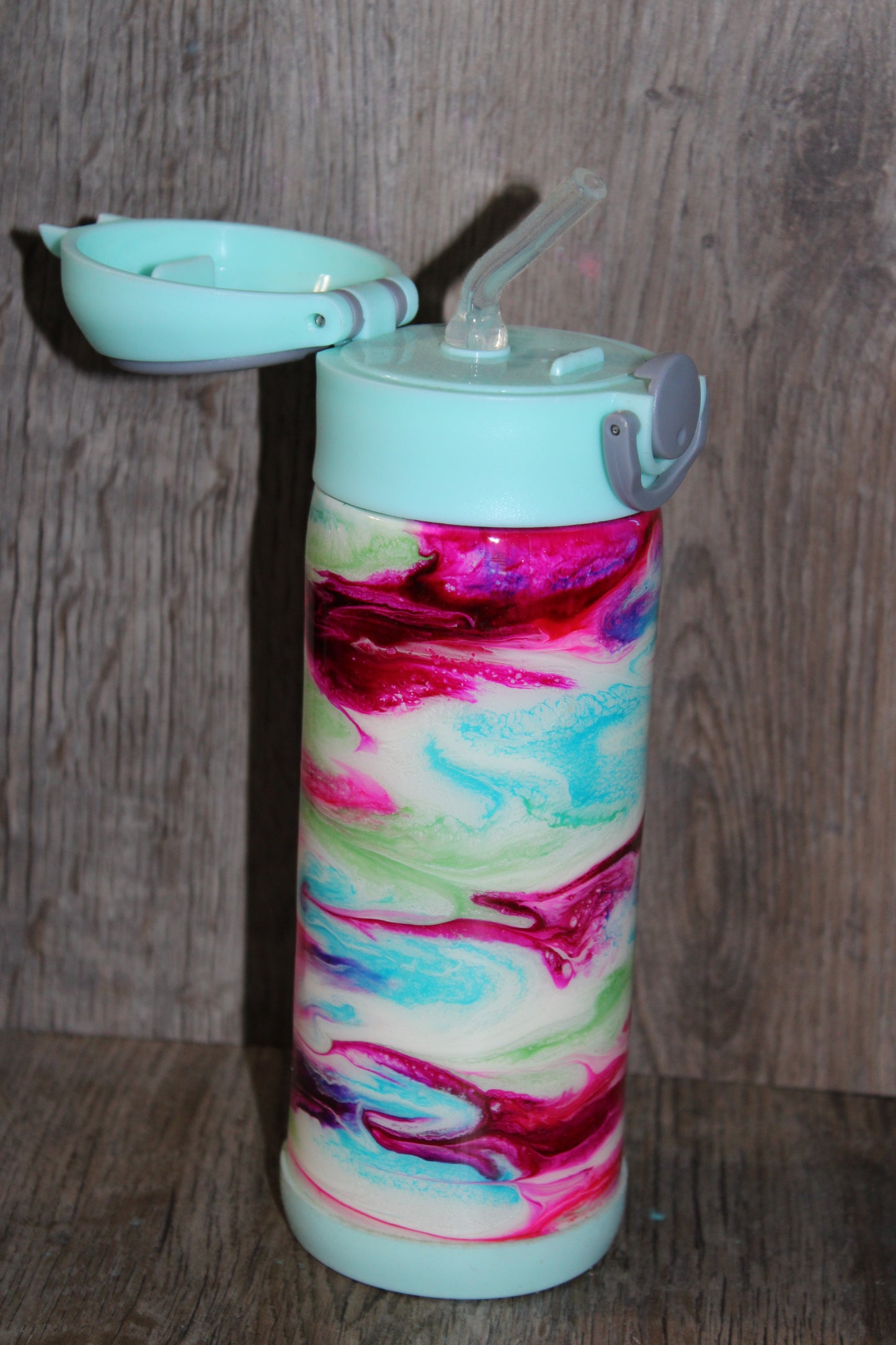 #18 12oz kid's cup with rubber straw- Teal/Pink